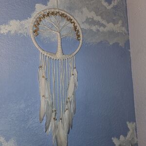 Handmade White Feather Tree of Life Wall Hanging